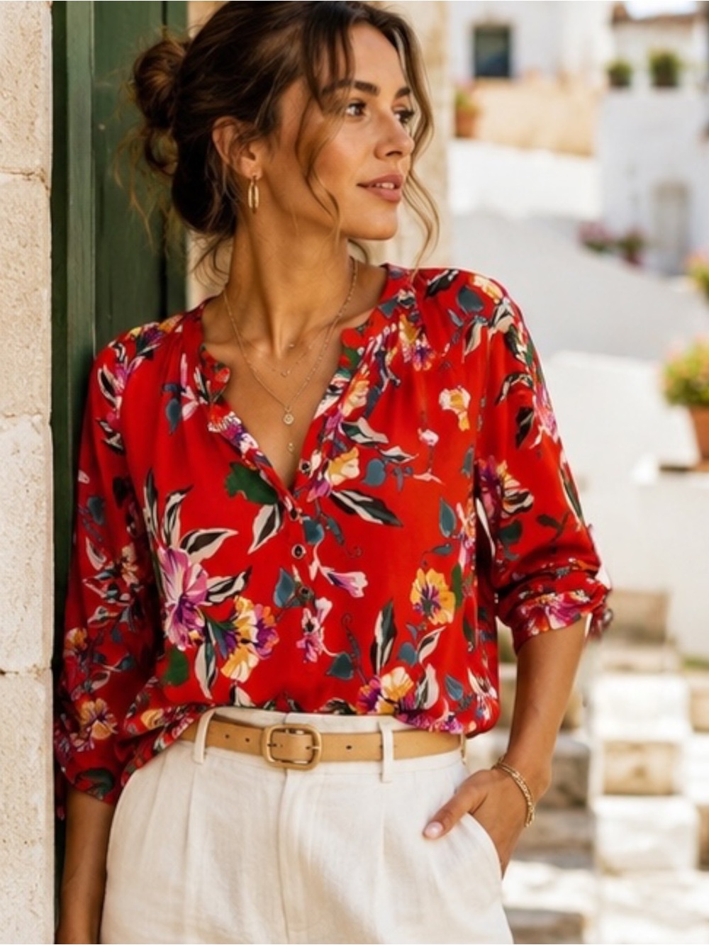 Yumi Kim 100% Silk Red Floral Split Neck Henley 3/4 Blouse M